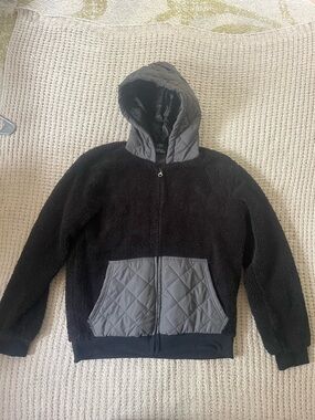 Blue Gear Cozy Black Sherpa Hoodie with Quilted Gray Accents